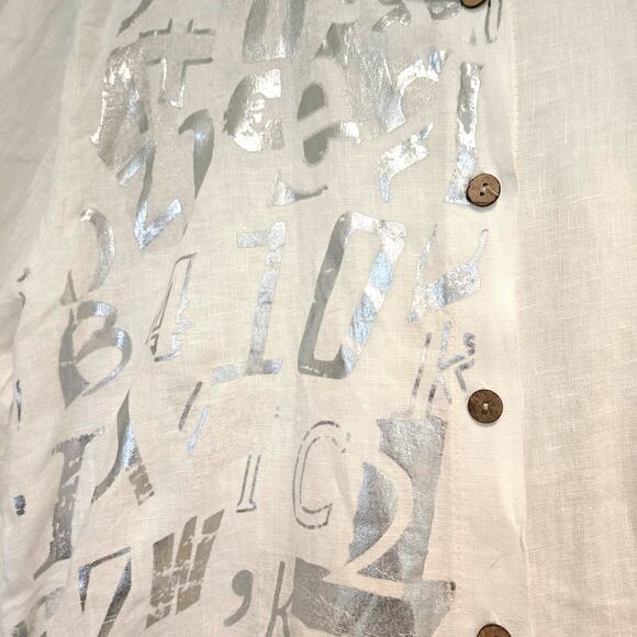 Made in Italy New Collection White Silver Graffiti Linen Button-up Shirt Dress - Picture 4 of 10